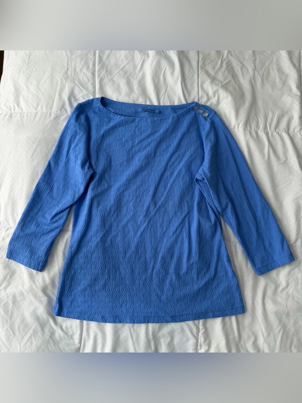 J. McLaughlin Catalina Cloth Wavesong Top M Blue Boat Neck Coastal Preppy Money